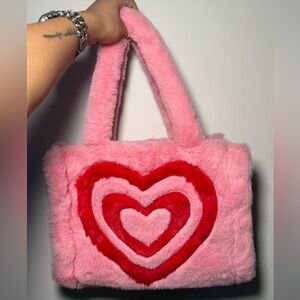 Skinnydip Liza Large Heart Fluffy Faux-Fur Tote Handbag